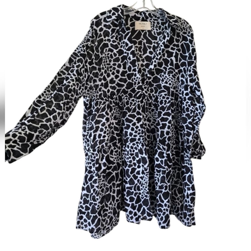 Momo New York Women's Shirt Mini Dress Black White‎  OS Lagenlook Art To Wear